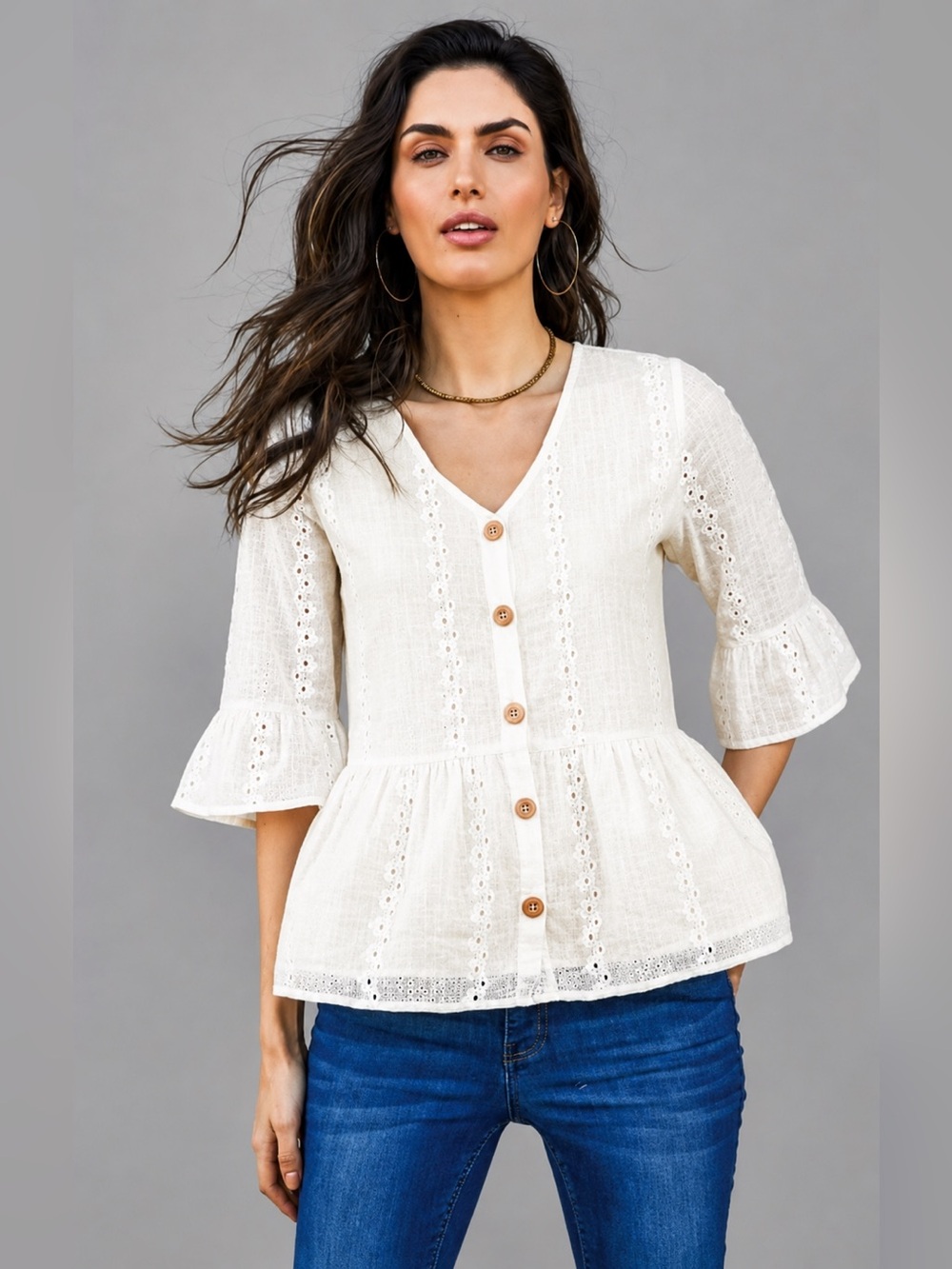 ✨ Matilda Jane Embroidered Eyelet Peplum Blouse White Sz Medium 100% Cotton